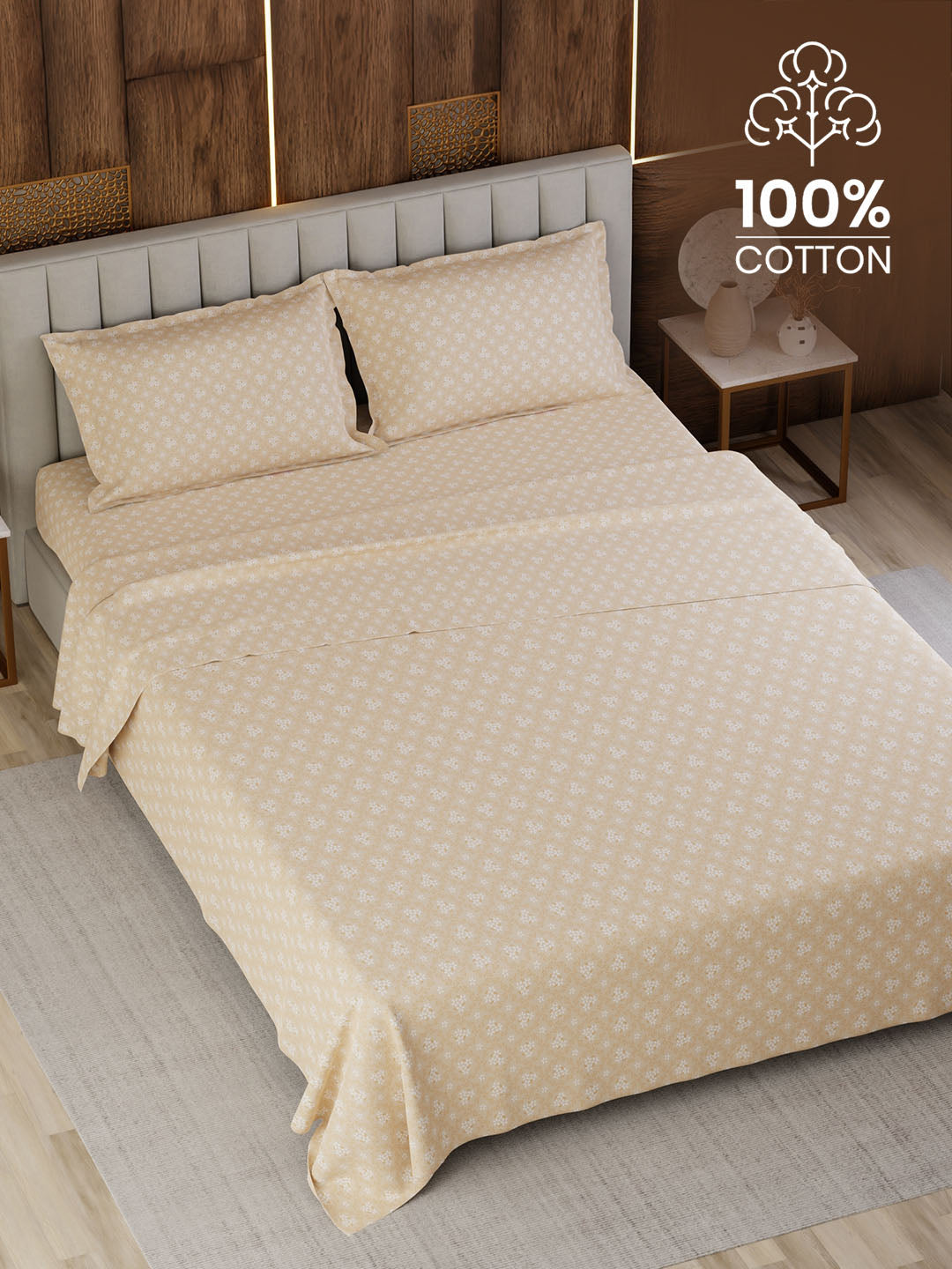 100% Cotton Super King Bedsheet Set, 300 TC Floral, Gardenia Augusta