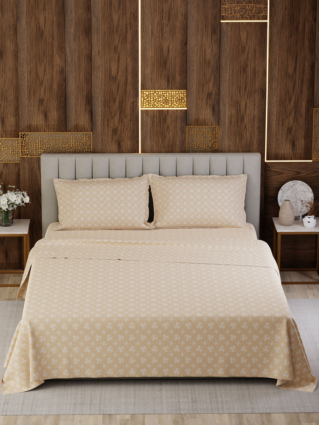100% Cotton Super King Bedsheet Set, 300 TC Floral, Gardenia Augusta