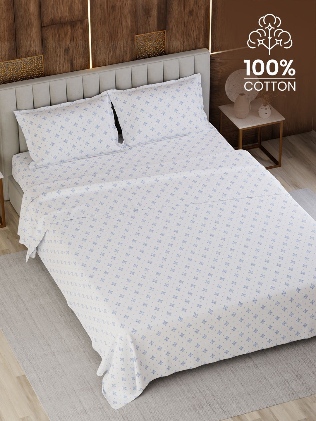 100% Cotton Super King Bedsheet Set, 300 TC Floral, Gardenia Augusta