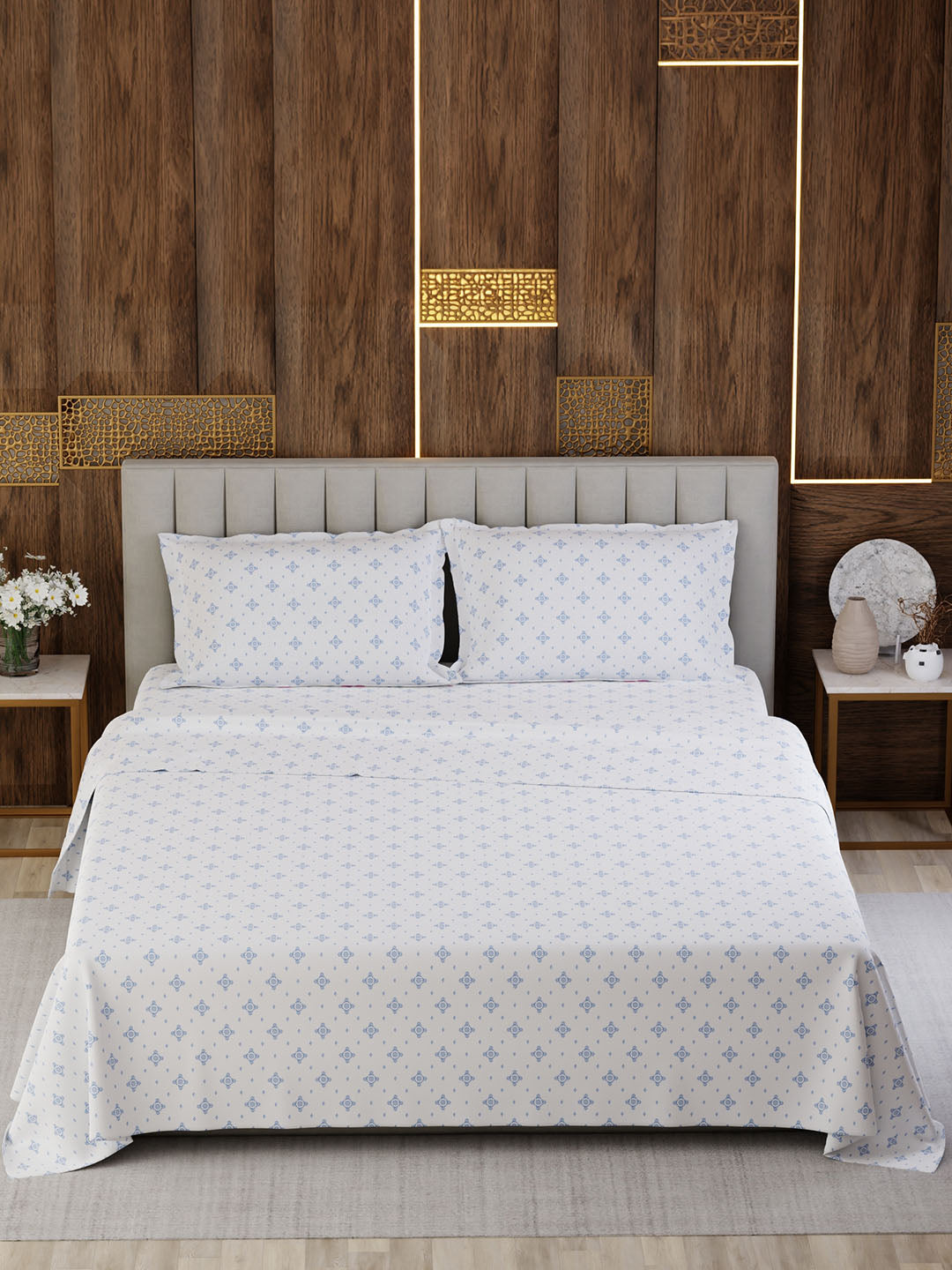 100% Cotton Super King Bedsheet Set, 300 TC Floral, Gardenia Augusta