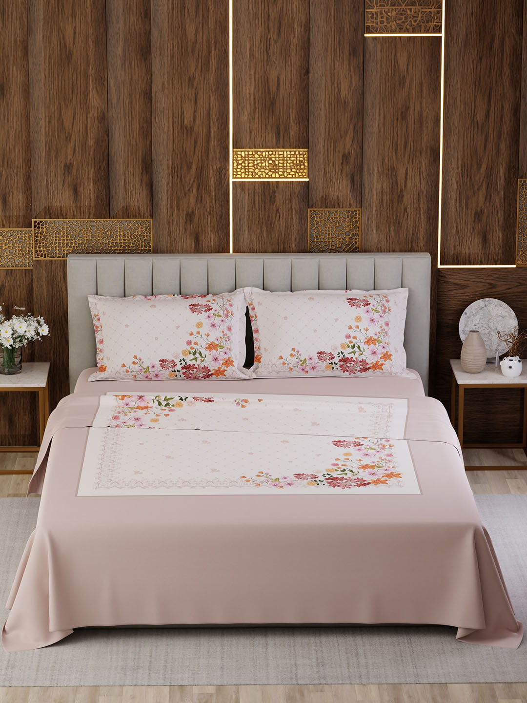 100% Cotton Super King Bedsheet Set, 300 TC Floral, Gardenia Augusta