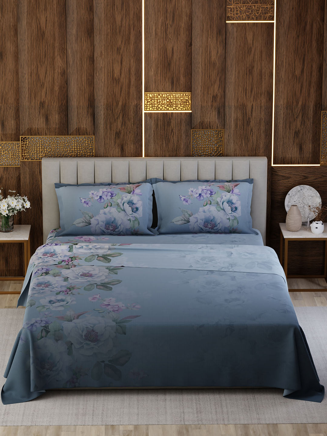 100% Cotton Super King Bedsheet Set, 300 TC Floral, Gardenia Augusta