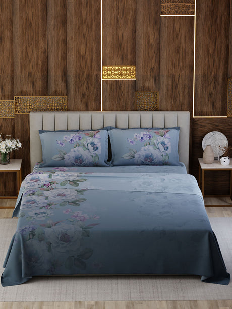 100% Cotton Super King Bedsheet Set, 300 TC Floral, Gardenia Augusta