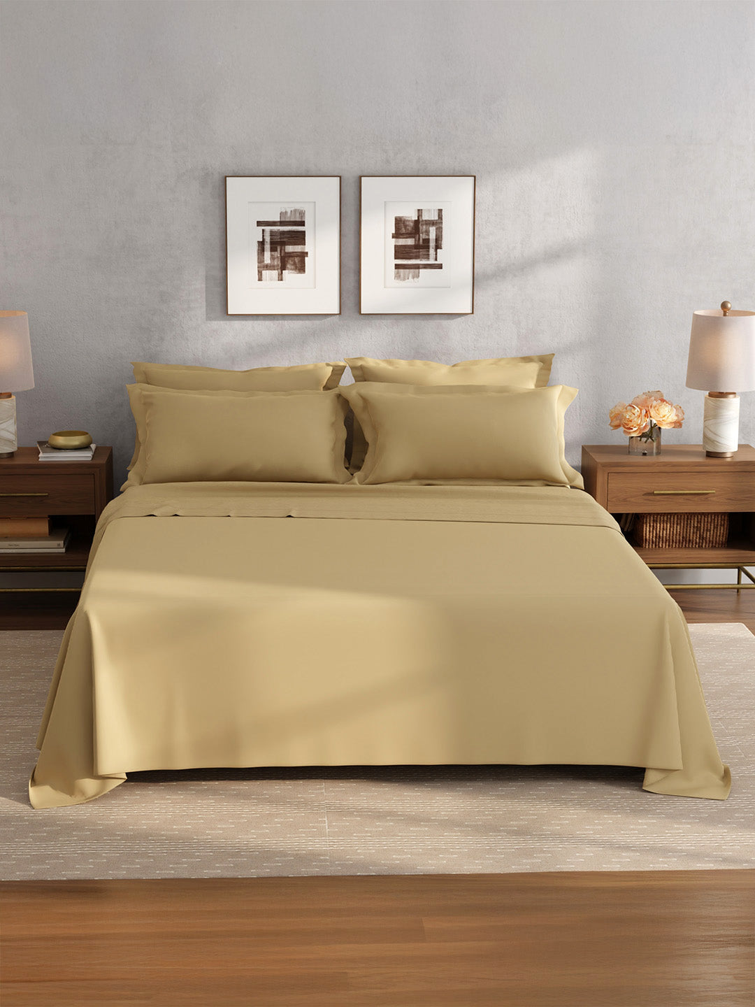 100% Cotton King Bedsheet Set, 400 TC Dyed Solid, Cotton Charm