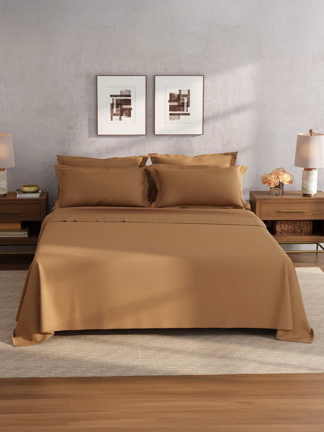 100% Cotton King Bedsheet Set, 400 TC Dyed Solid, Cotton Charm