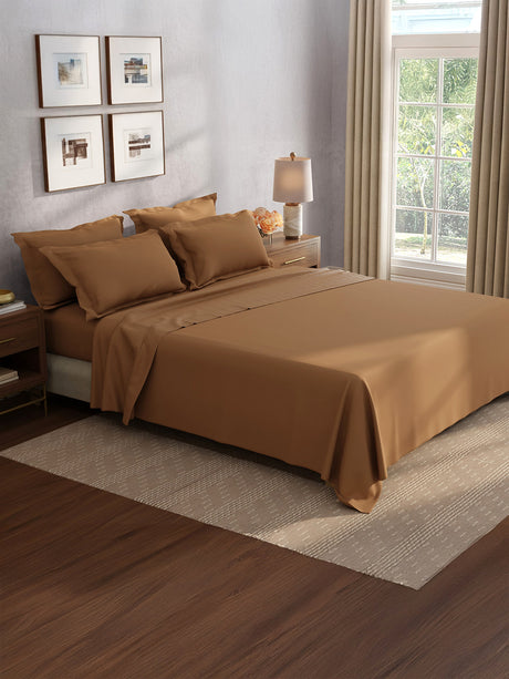 100% Cotton King Bedsheet Set, 400 TC Dyed Solid, Cotton Charm