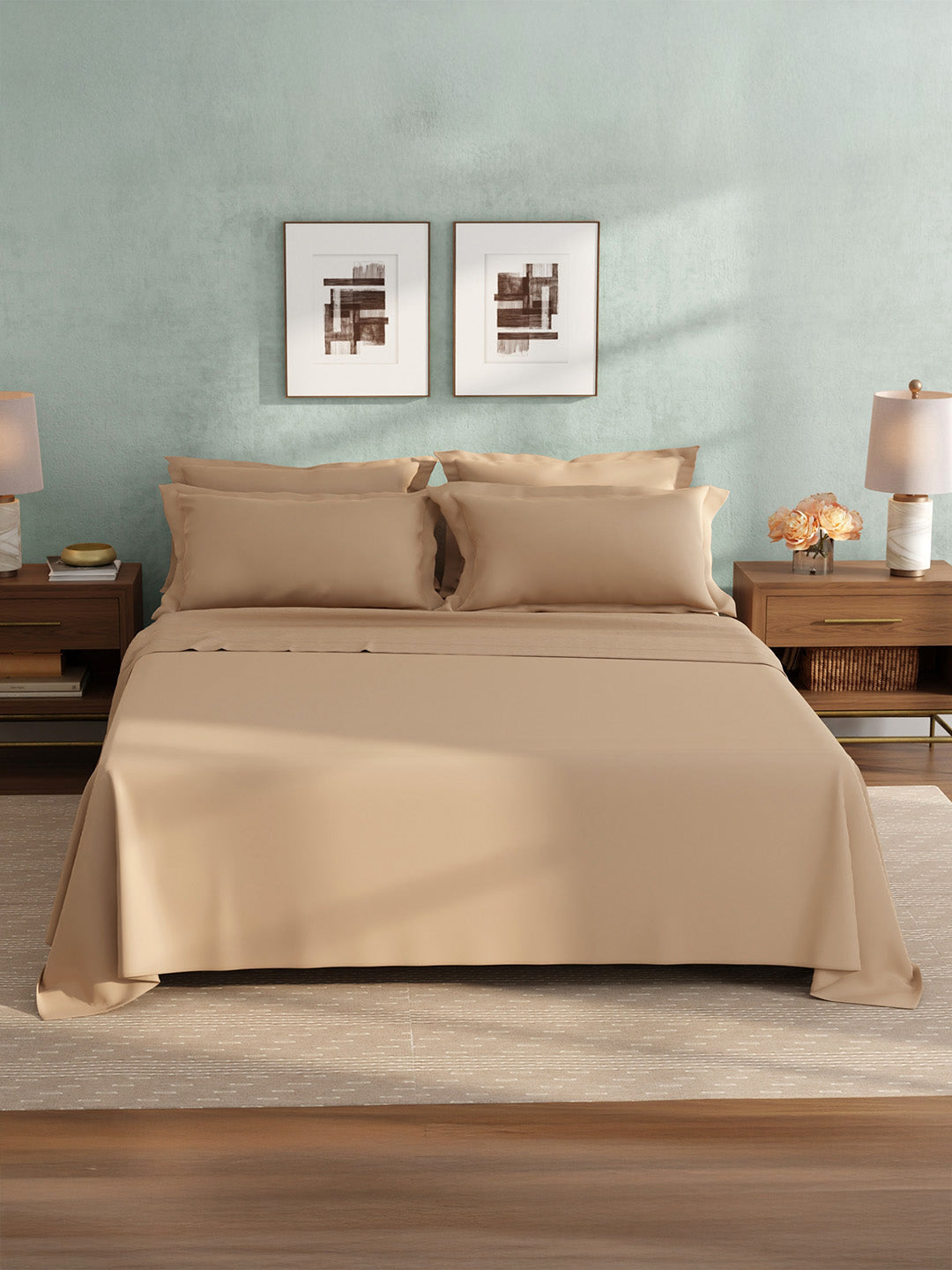 100% Cotton King Bedsheet Set, 400 TC Dyed Solid, Cotton Charm