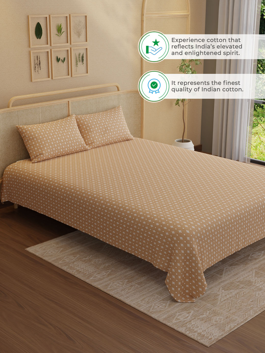 100% Kasturi Cotton King Bedsheet Set, 200 TC Printed, Indo Musk