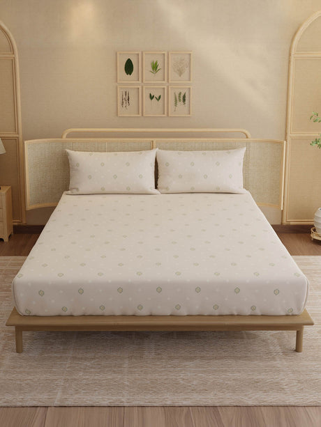 100% Kasturi Cotton, King Size, 200 TC Printed Fitted Sheet Set, Indo Musk