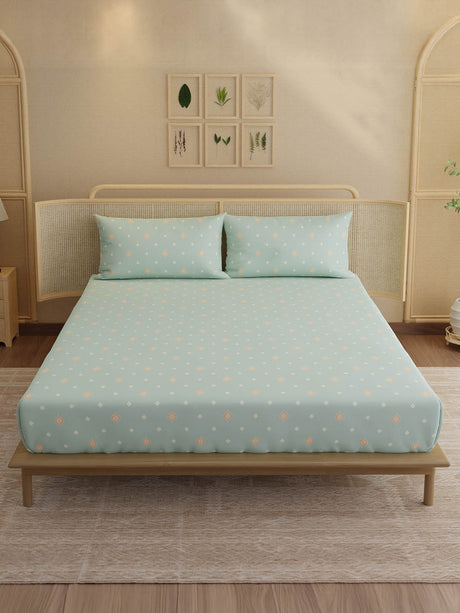 100% Kasturi Cotton, King Size, 200 TC Printed Fitted Sheet Set, Indo Musk