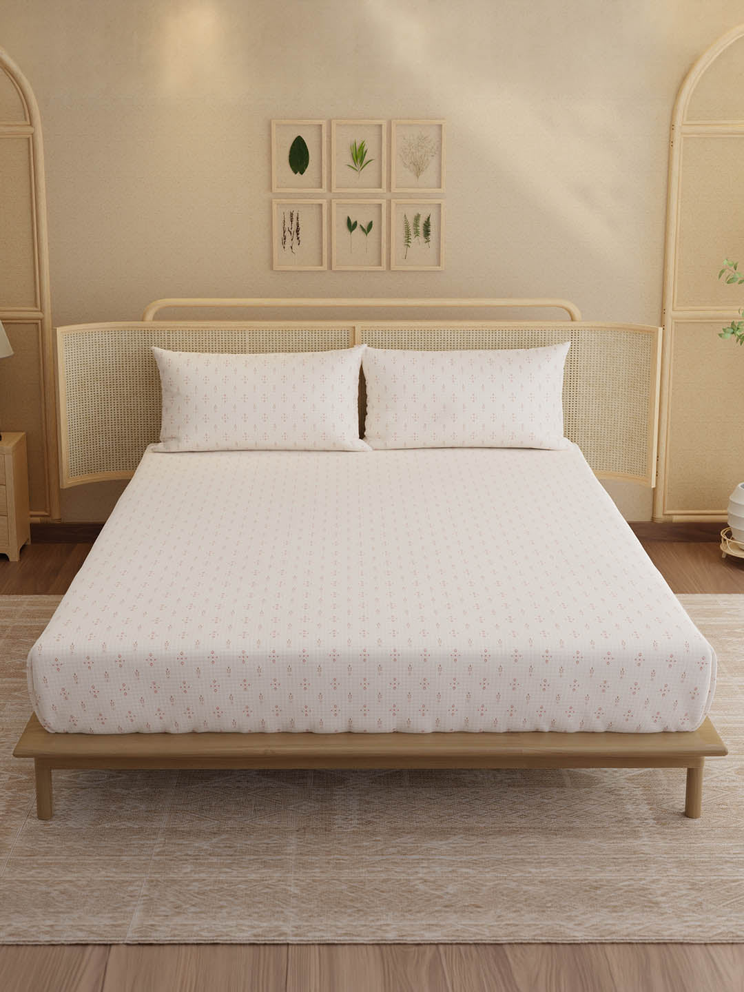 100% Kasturi Cotton, King Size, 200 TC Printed Fitted Sheet Set, Indo Musk