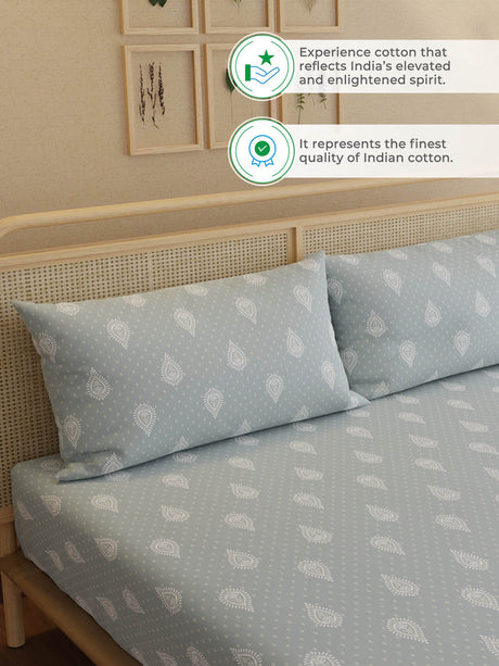 100% Kasturi Cotton, King Size, 200 TC Printed Fitted Sheet Set, Indo Musk