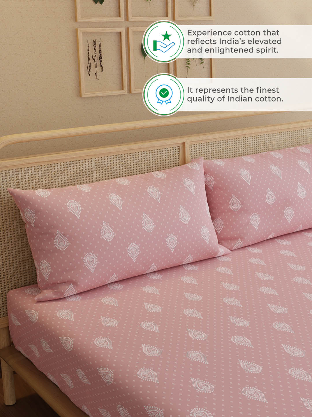 100% Kasturi Cotton, King Size, 200 TC Printed Fitted Sheet Set, Indo Musk
