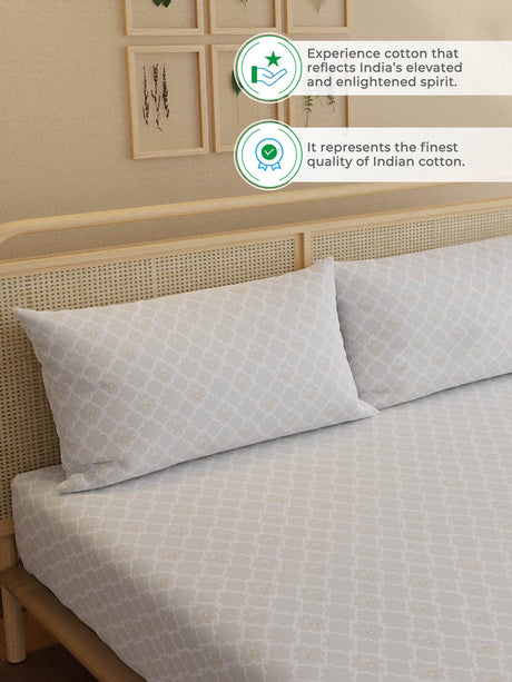 100% Kasturi Cotton, King Size, 200 TC Printed Fitted Sheet Set, Indo Musk