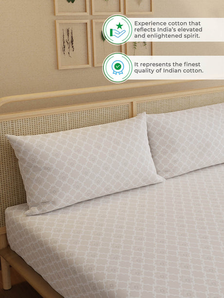 100% Kasturi Cotton, King Size, 200 TC Printed Fitted Sheet Set, Indo Musk