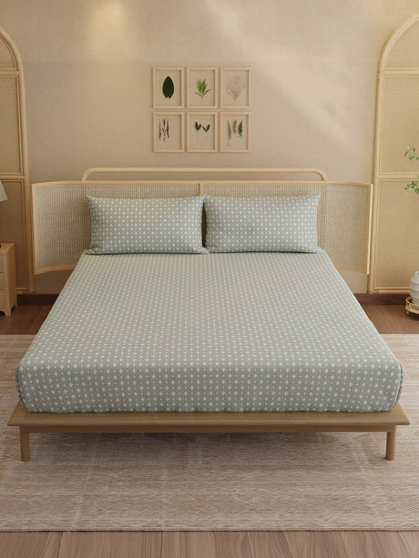 100% Kasturi Cotton, King Size, 200 TC Printed Fitted Sheet Set, Indo Musk