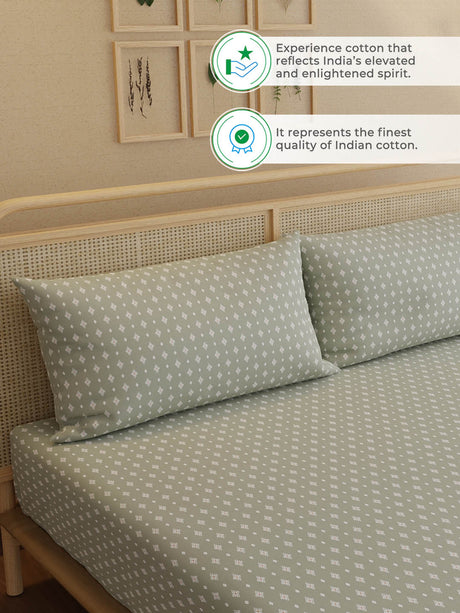 100% Kasturi Cotton, King Size, 200 TC Printed Fitted Sheet Set, Indo Musk