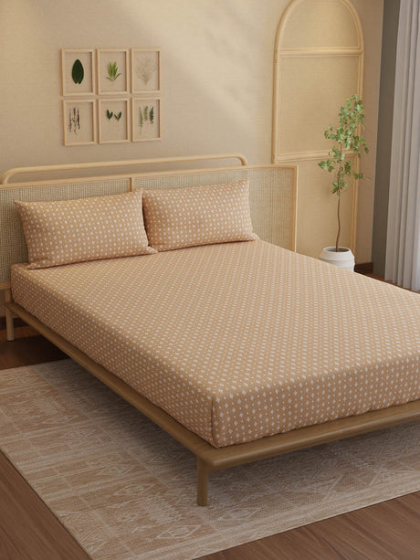 100% Kasturi Cotton, King Size, 200 TC Printed Fitted Sheet Set, Indo Musk