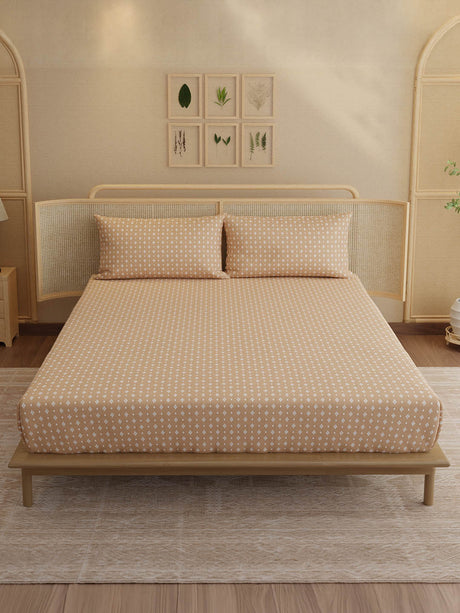 100% Kasturi Cotton, King Size, 200 TC Printed Fitted Sheet Set, Indo Musk