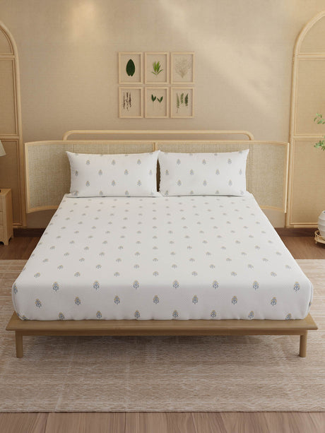 100% Kasturi Cotton, King Size, 200 TC Printed Fitted Sheet Set, Indo Musk