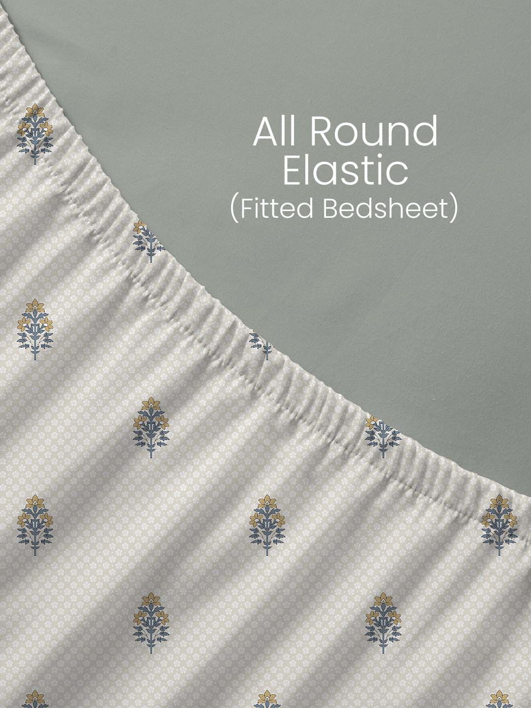 100% Kasturi Cotton, King Size, 200 TC Printed Fitted Sheet Set, Indo Musk
