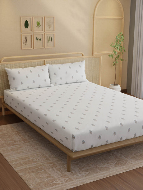 100% Kasturi Cotton, King Size, 200 TC Printed Fitted Sheet Set, Indo Musk