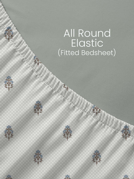 100% Kasturi Cotton, King Size, 200 TC Printed Fitted Sheet Set, Indo Musk