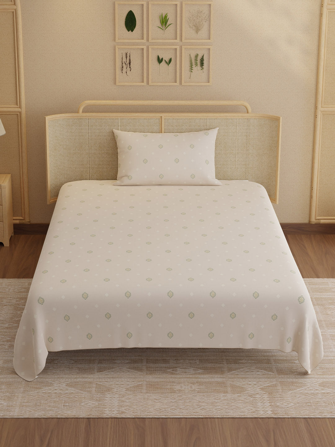 100% Kasturi Cotton 200 TC, Printed Single Bedsheet Set, Indo Musk