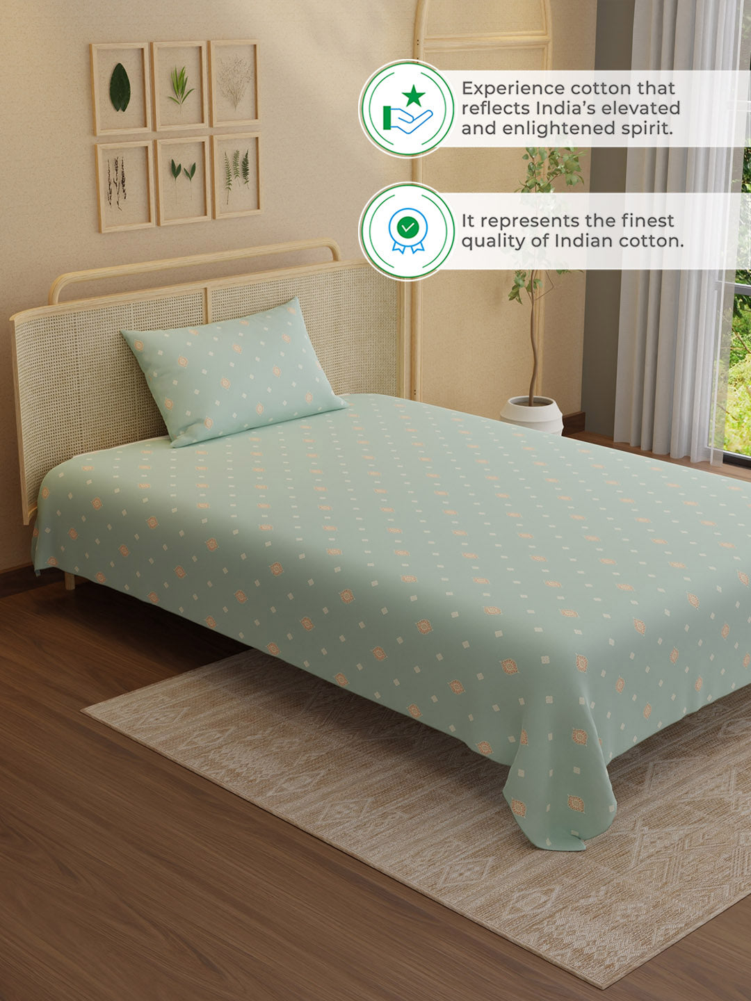 100% Kasturi Cotton 200 TC, Printed Single Bedsheet Set, Indo Musk
