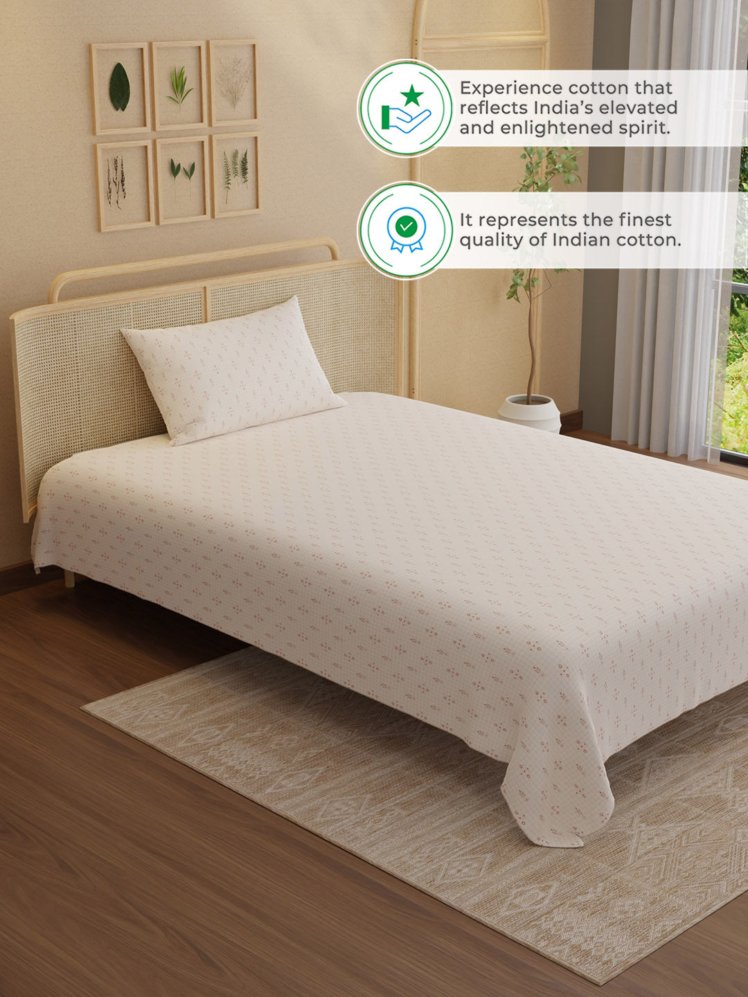 100% Kasturi Cotton 200 TC, Printed Single Bedsheet Set, Indo Musk