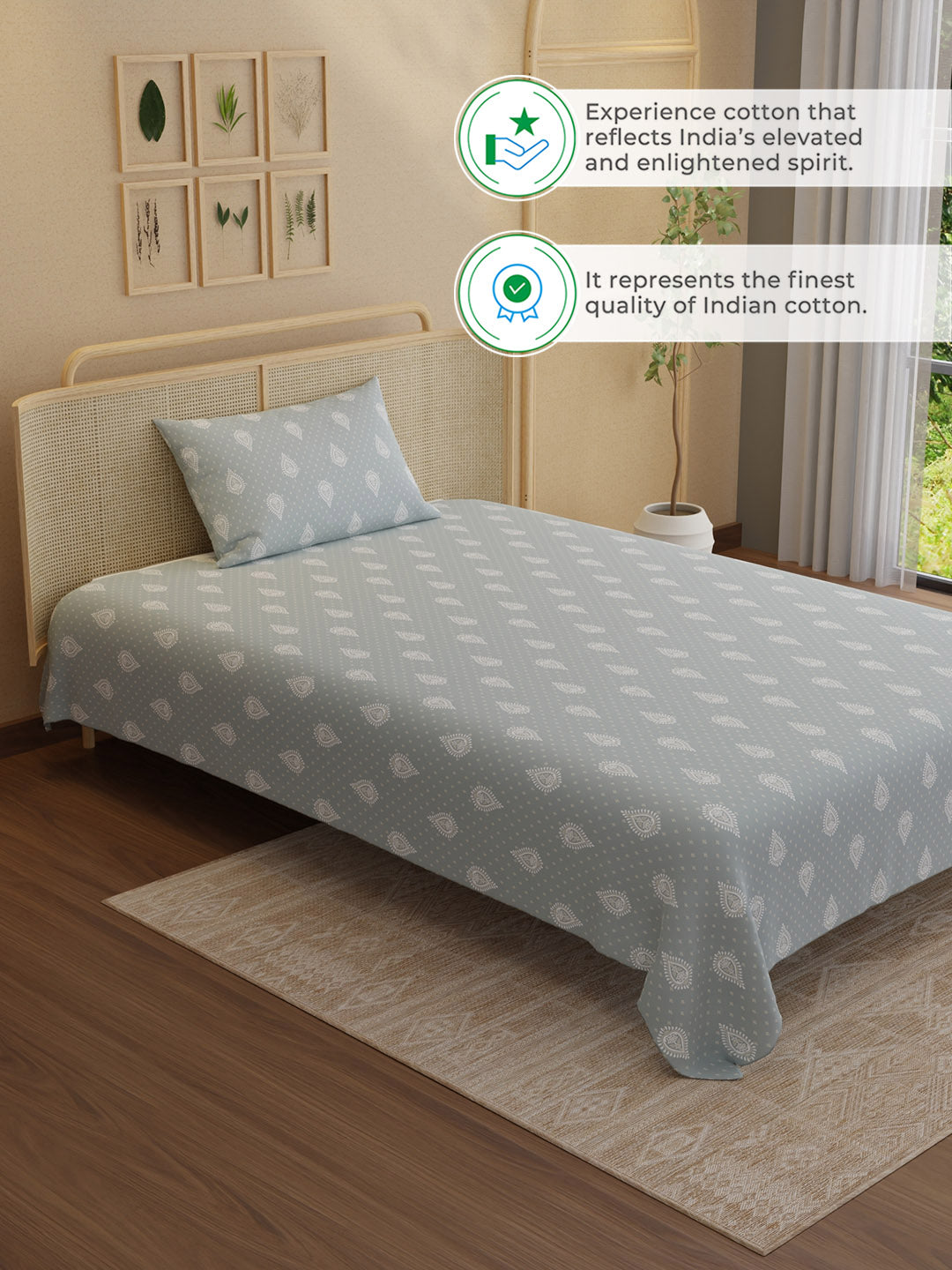 100% Kasturi Cotton 200 TC, Printed Single Bedsheet Set, Indo Musk