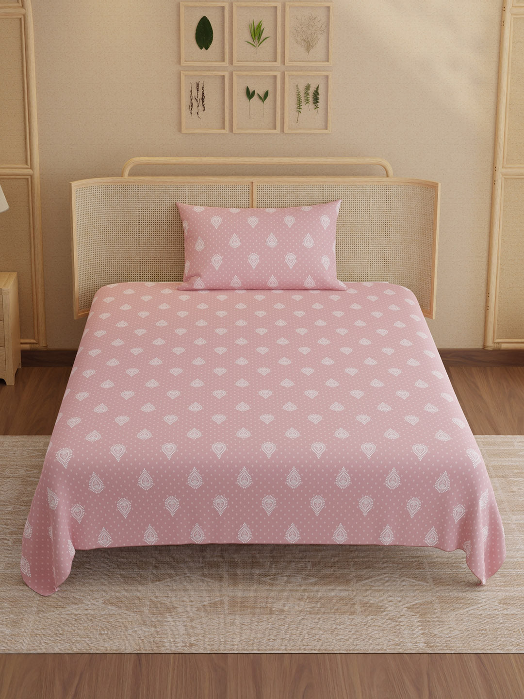 100% Kasturi Cotton 200 TC, Printed Single Bedsheet Set, Indo Musk