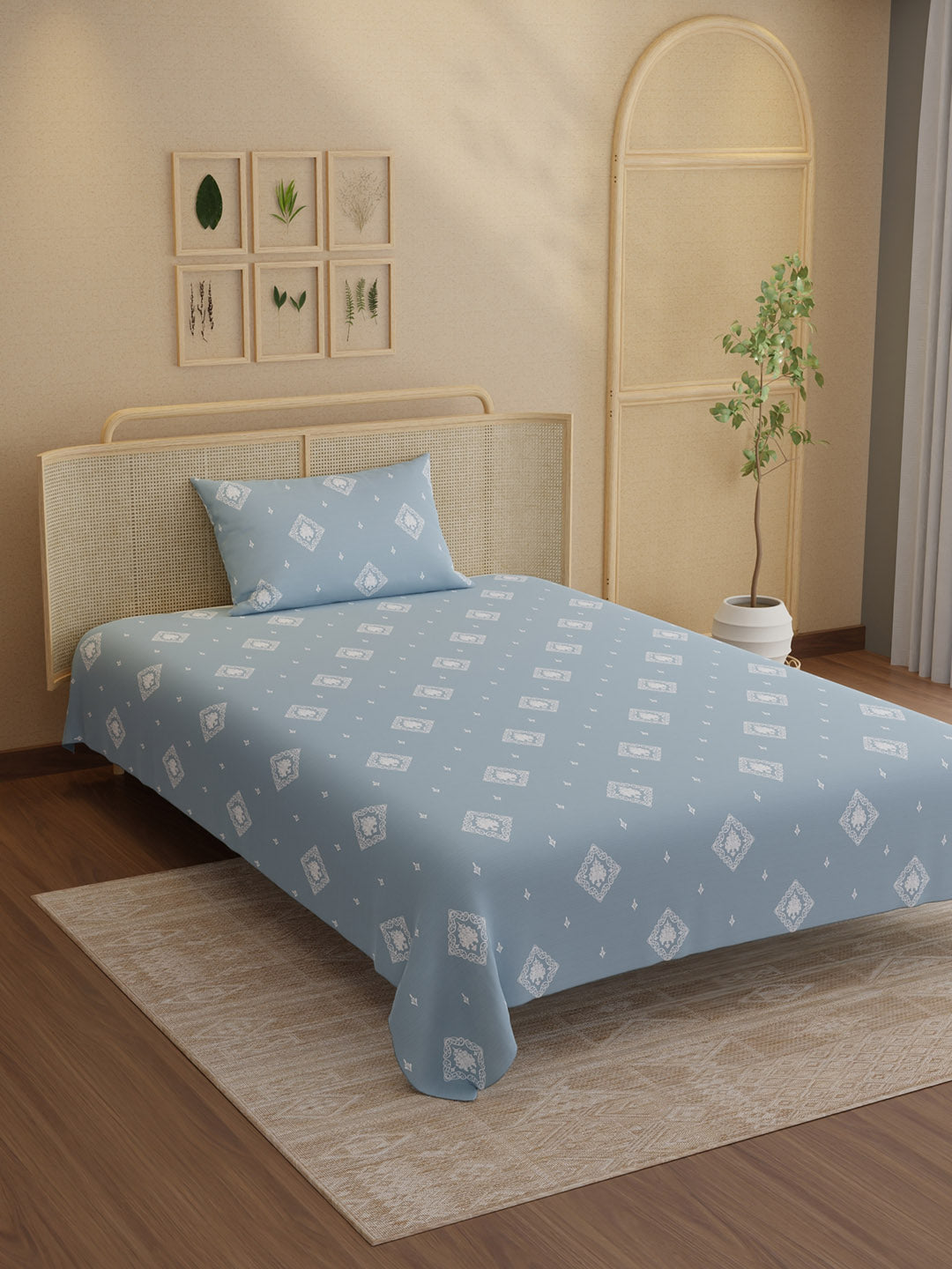 100% Kasturi Cotton 200 TC, Printed Single Bedsheet Set, Indo Musk