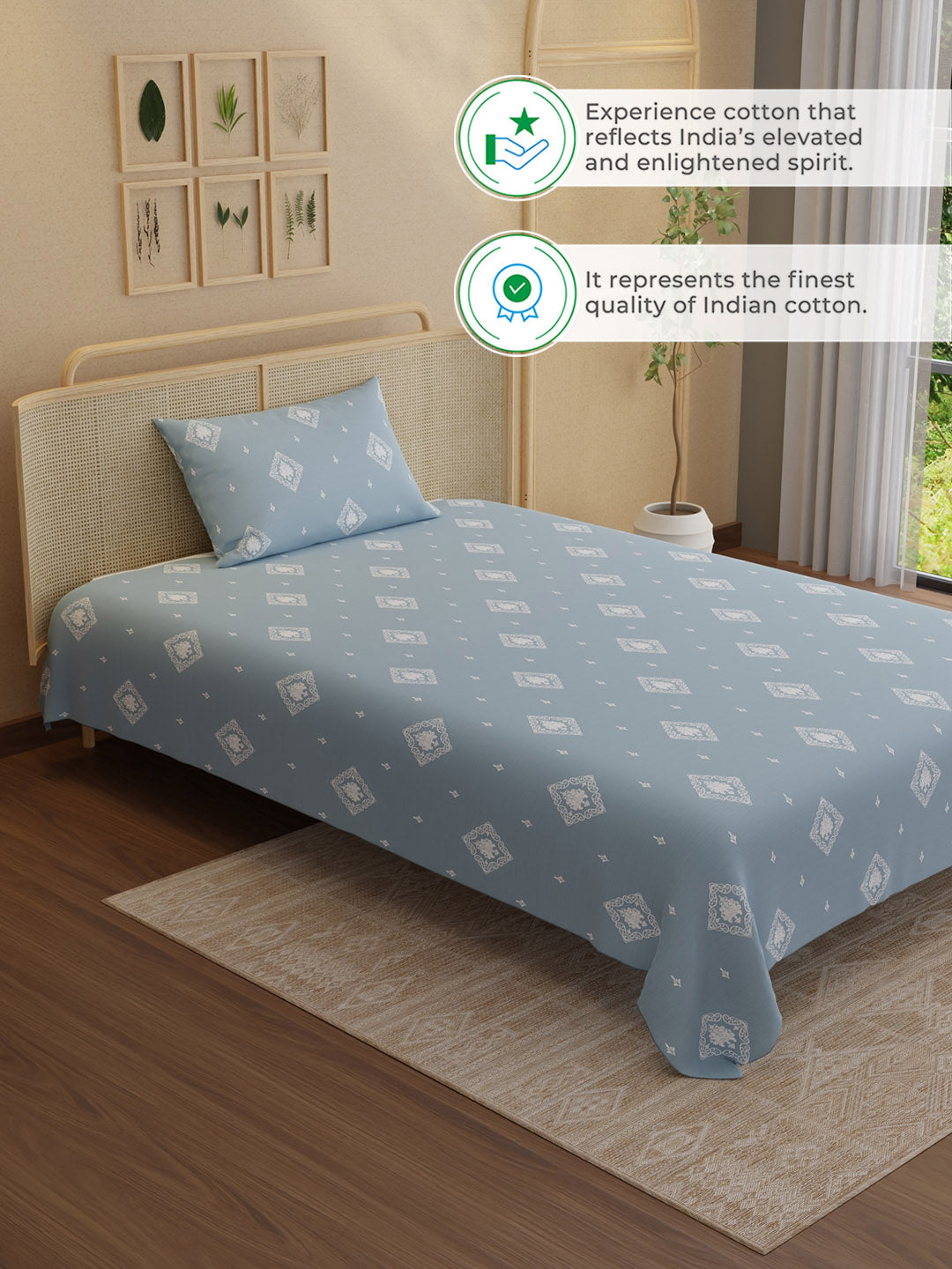 100% Kasturi Cotton 200 TC, Printed Single Bedsheet Set, Indo Musk