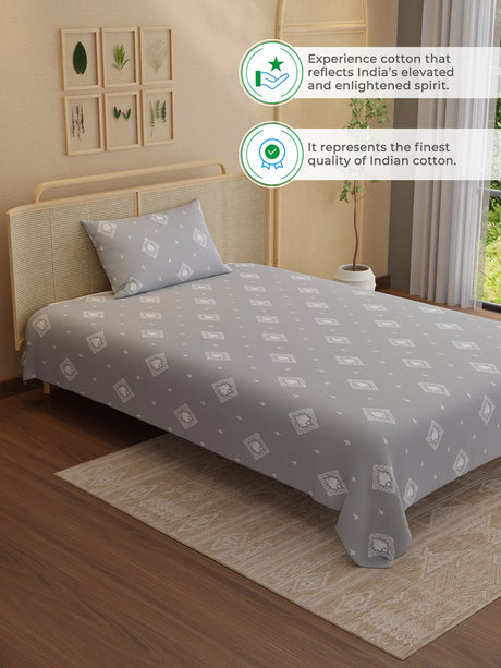 100% Kasturi Cotton 200 TC, Printed Single Bedsheet Set, Indo Musk