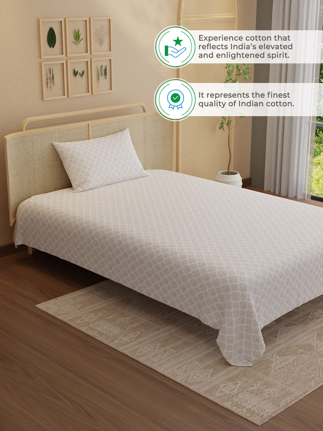 100% Kasturi Cotton 200 TC, Printed Single Bedsheet Set, Indo Musk