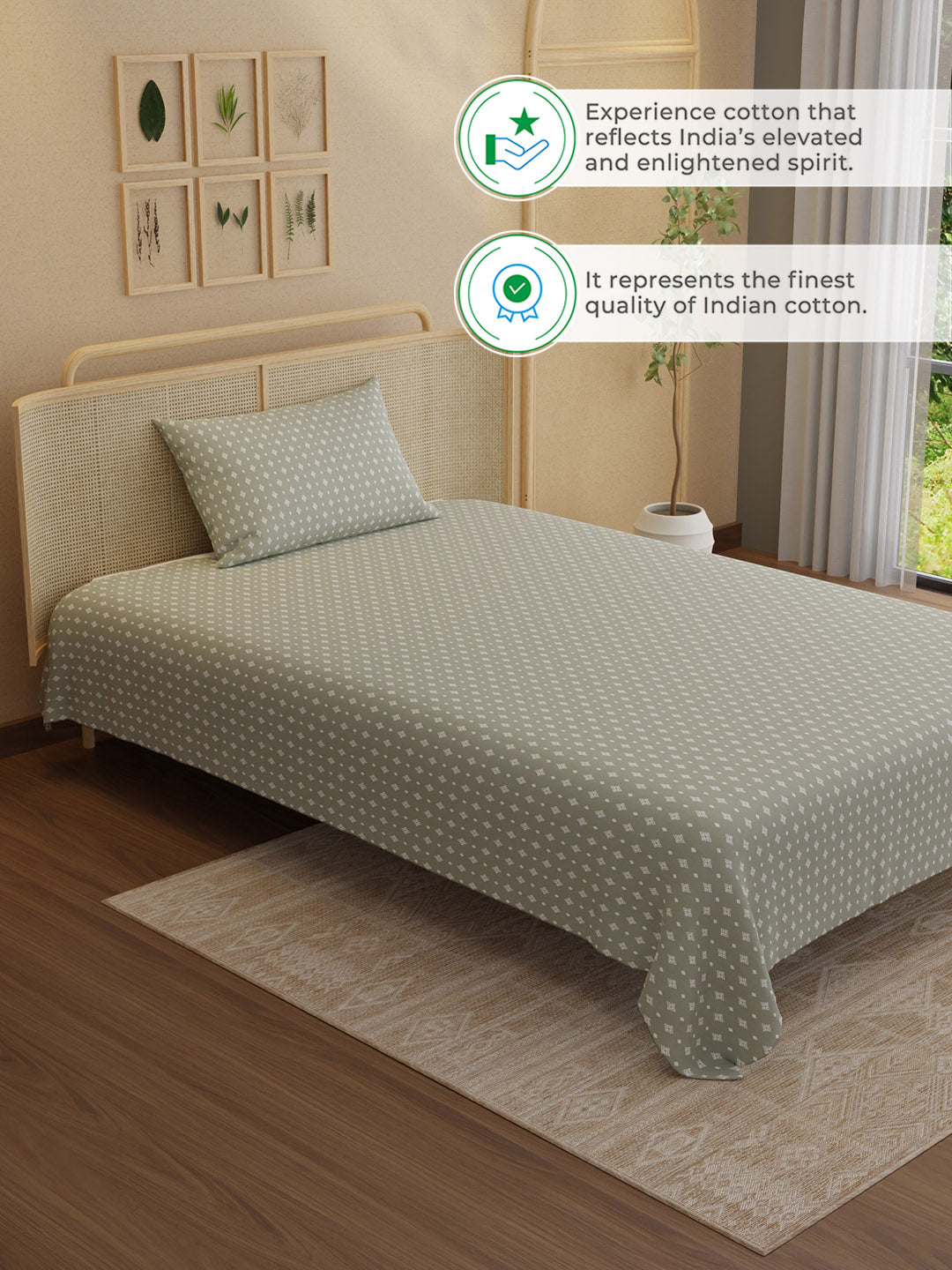 100% Kasturi Cotton 200 TC, Printed Single Bedsheet Set, Indo Musk