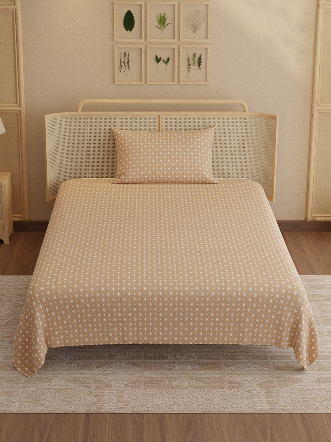 100% Kasturi Cotton 200 TC, Printed Single Bedsheet Set, Indo Musk