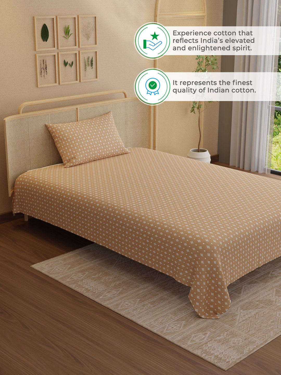 100% Kasturi Cotton 200 TC, Printed Single Bedsheet Set, Indo Musk