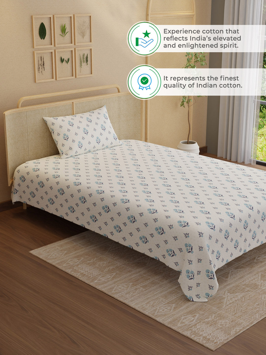100% Kasturi Cotton 200 TC, Printed Single Bedsheet Set, Indo Musk
