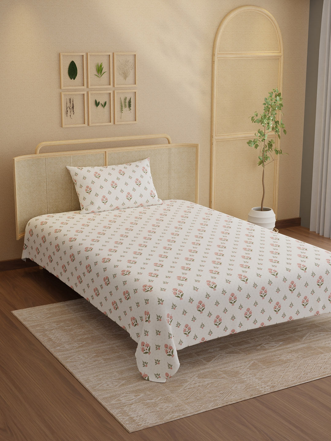 100% Kasturi Cotton 200 TC, Printed Single Bedsheet Set, Indo Musk