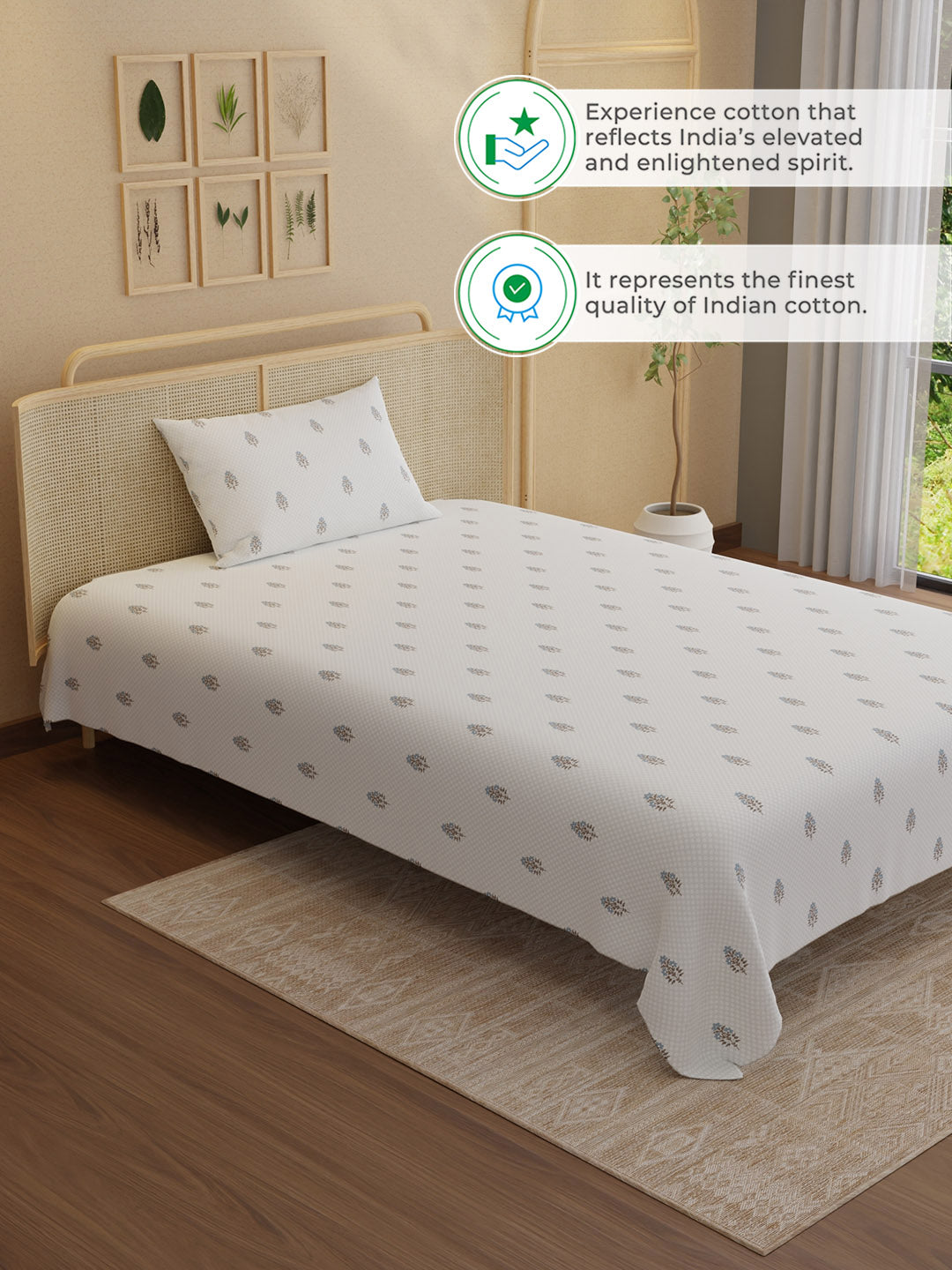 100% Kasturi Cotton 200 TC, Printed Single Bedsheet Set, Indo Musk