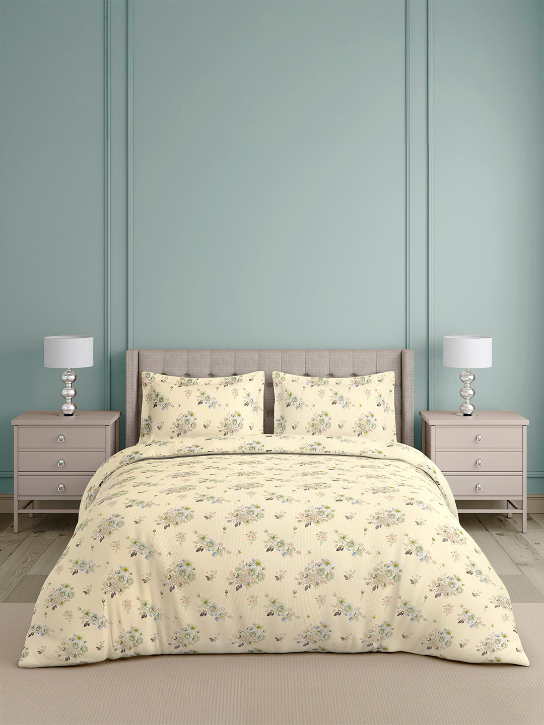 Platinum Pulse 100% Cotton King Bedsheet with 2 Pillow Covers | 800 TC Cream Floral Bedsheet Set