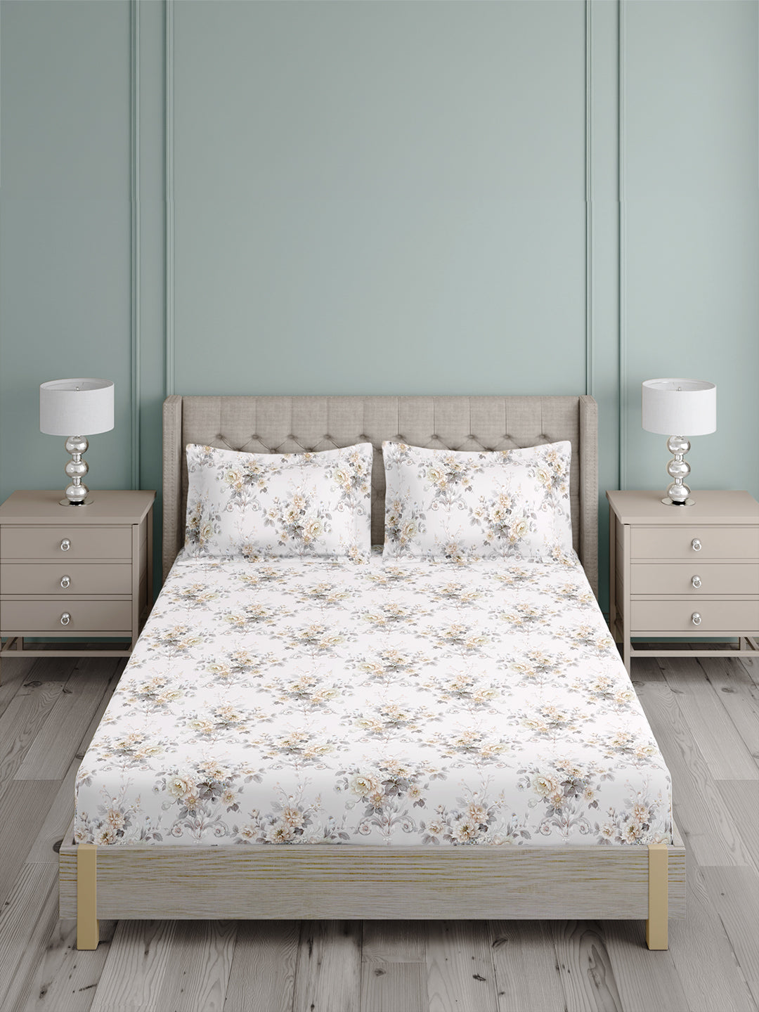 Platinum Pulse 100% Cotton King Bedsheet with 2 Pillow Covers | 800 TC White & Grey Floral Bedsheet Set