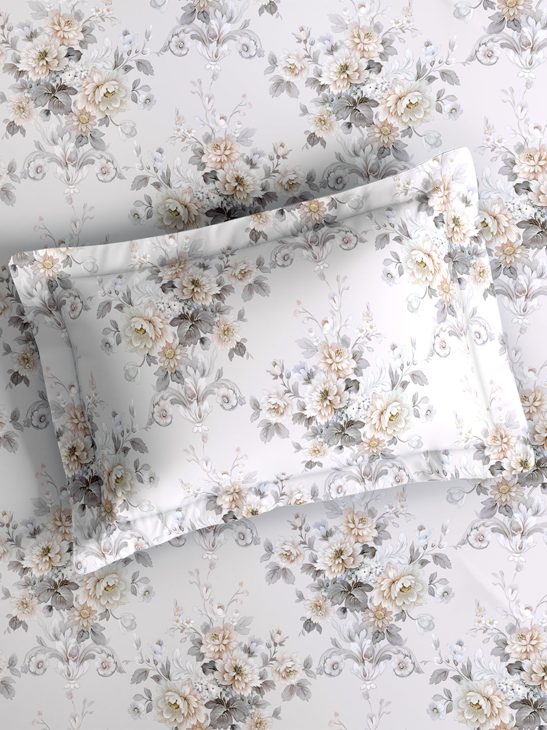 Platinum Pulse 100% Cotton King Bedsheet with 2 Pillow Covers | 800 TC White & Grey Floral Bedsheet Set