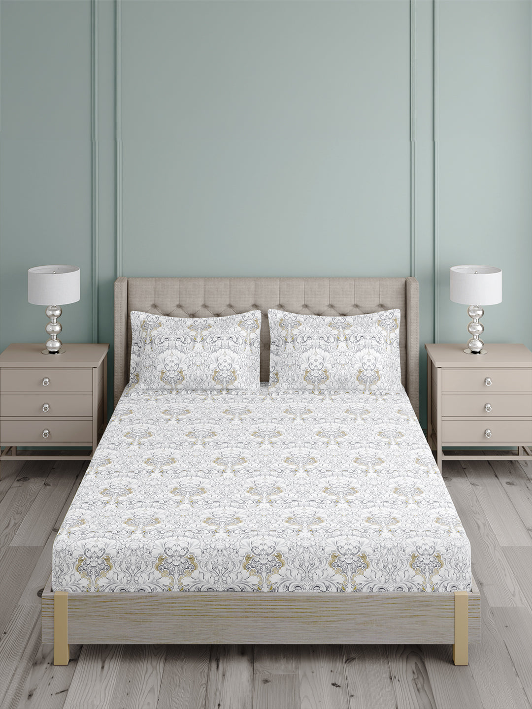 Platinum Pulse 100% Cotton King Bedsheet with 2 Pillow Covers | 800 TC Grey Ethnic Print Bedsheet Set