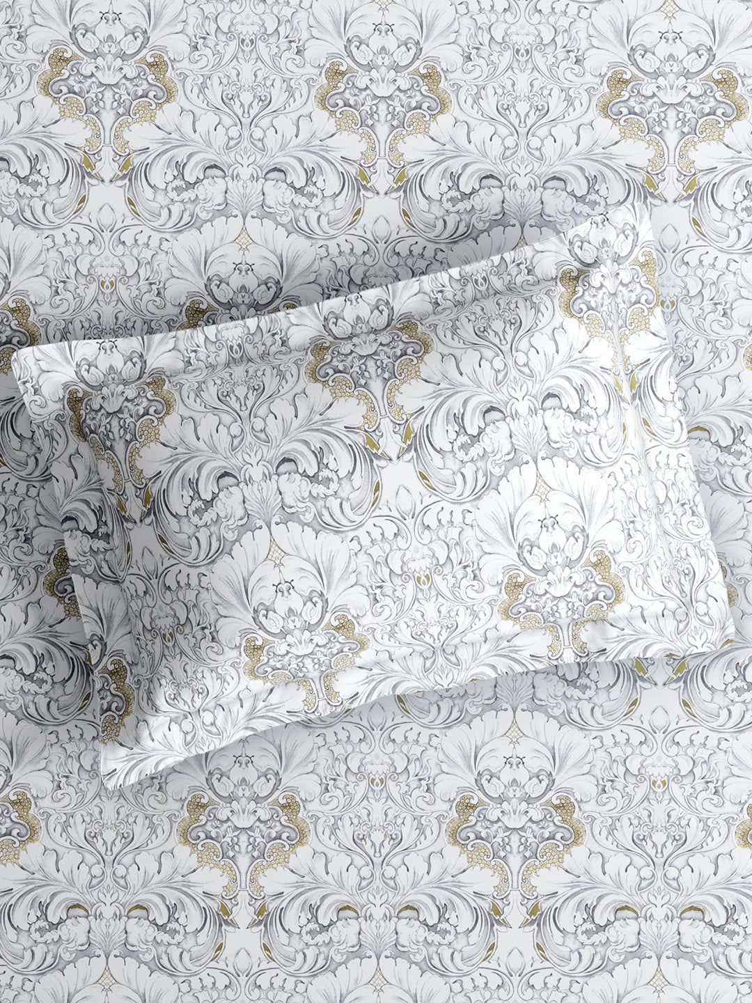 Platinum Pulse 100% Cotton King Bedsheet with 2 Pillow Covers | 800 TC Grey Ethnic Print Bedsheet Set