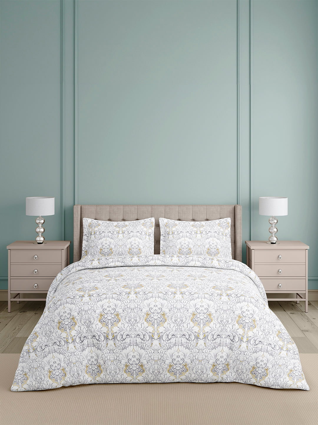 Platinum Pulse 100% Cotton King Bedsheet with 2 Pillow Covers | 800 TC Grey Ethnic Print Bedsheet Set