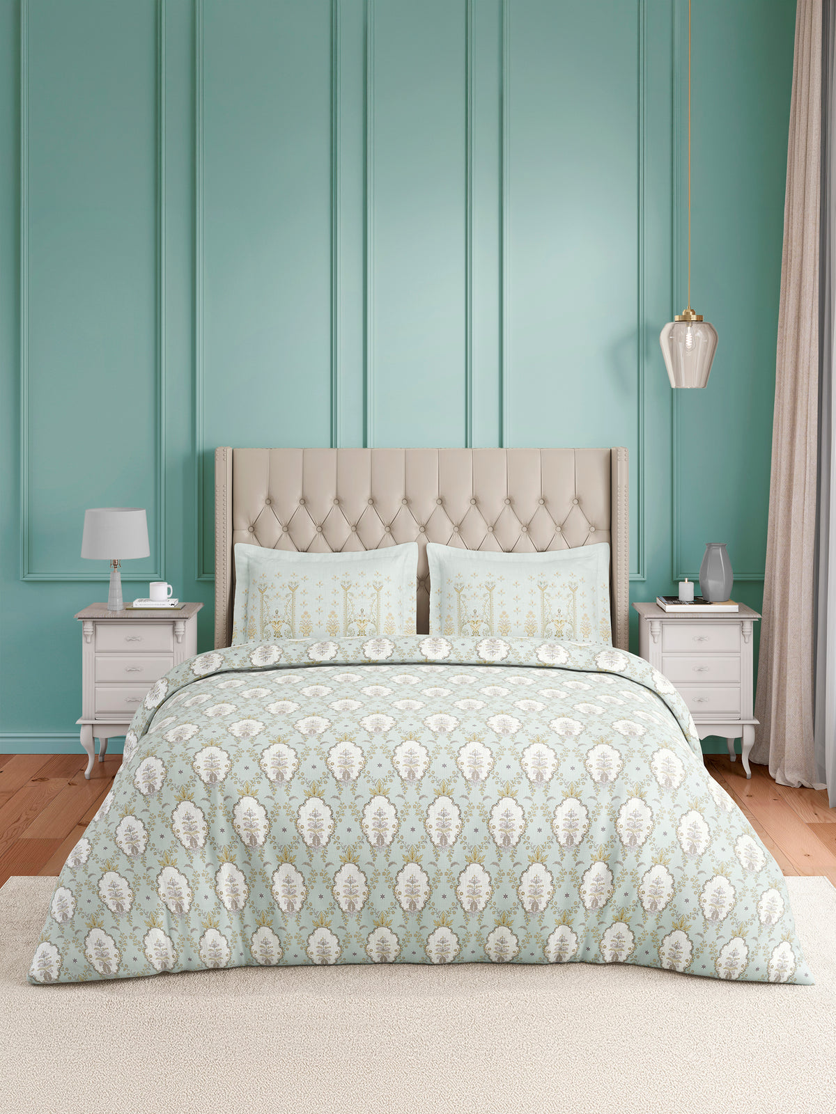 Luxe Loom 100% Cotton 600 TC King Bedsheet with 2 Pillow Covers | Green Ethnic Print Bedsheet Set