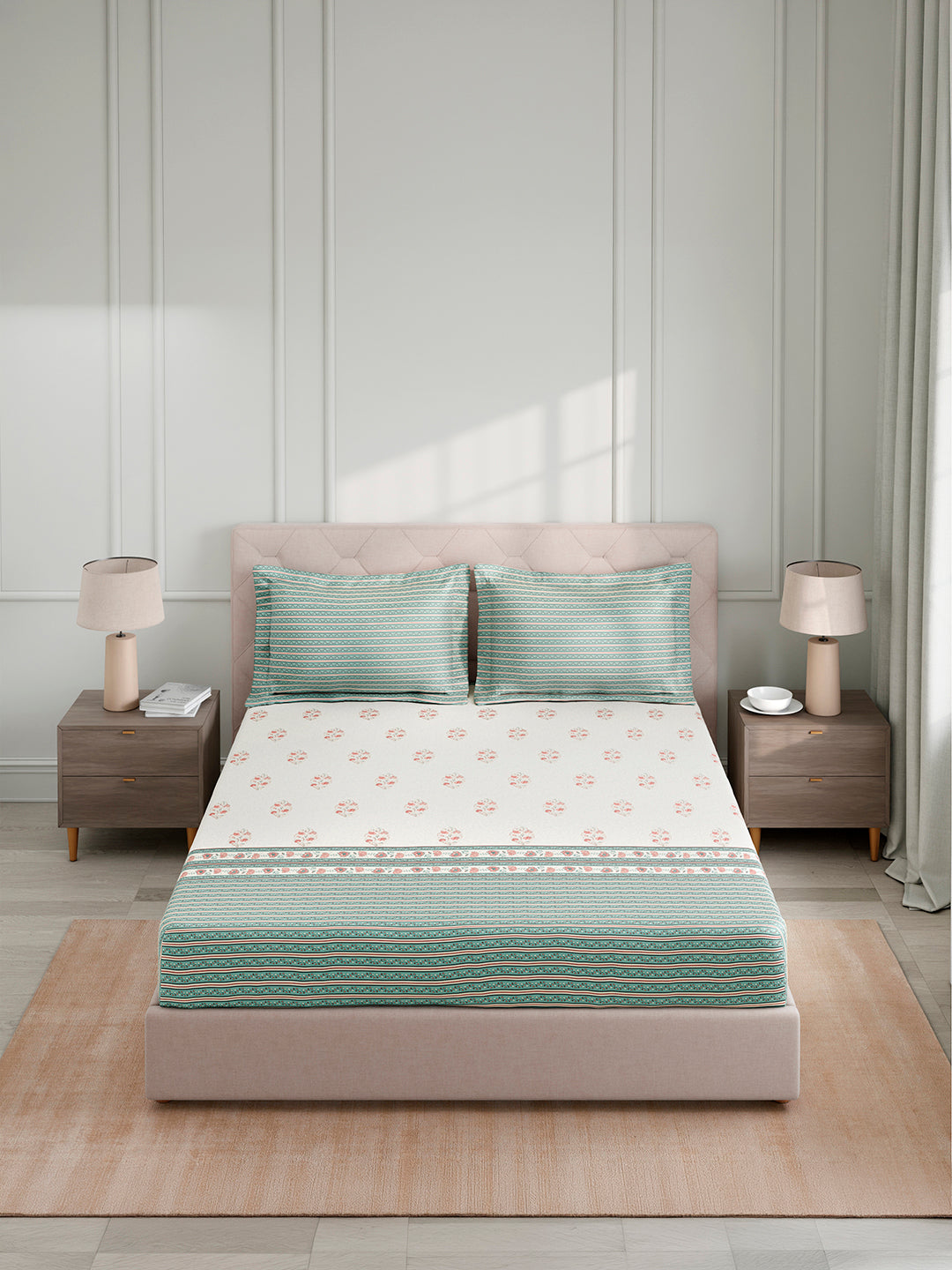 Royal Essence 100% Cotton King Bedsheet with 2 Pillow Covers | 400 TC Green Floral Digitally Printed Bedsheet Set